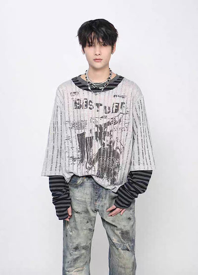 【Mz】Grunge decadent design layered striped long sleeve T-shirt  MZ0075