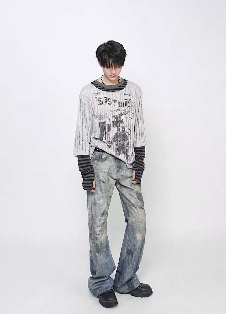 【Mz】Grunge decadent design layered striped long sleeve T-shirt  MZ0075