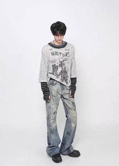 【Mz】Grunge decadent design layered striped long sleeve T-shirt  MZ0075