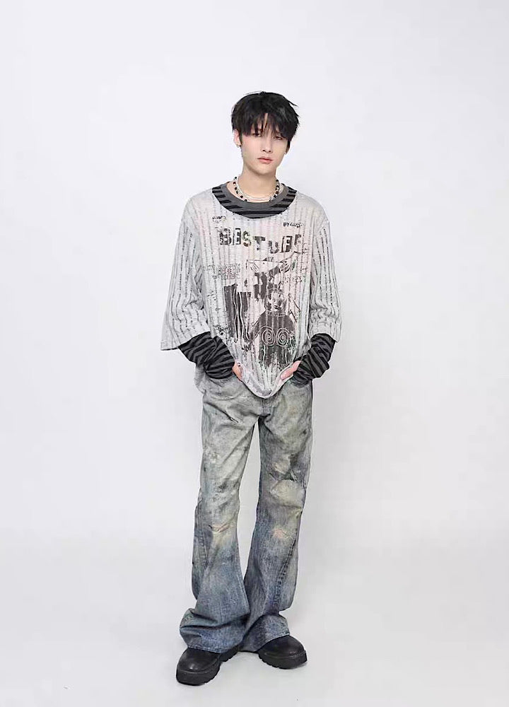 【Mz】Grunge decadent design layered striped long sleeve T-shirt  MZ0075