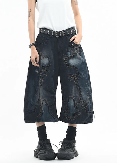 【OV】Vintage distressed loose-fitting denim shorts  OV0032