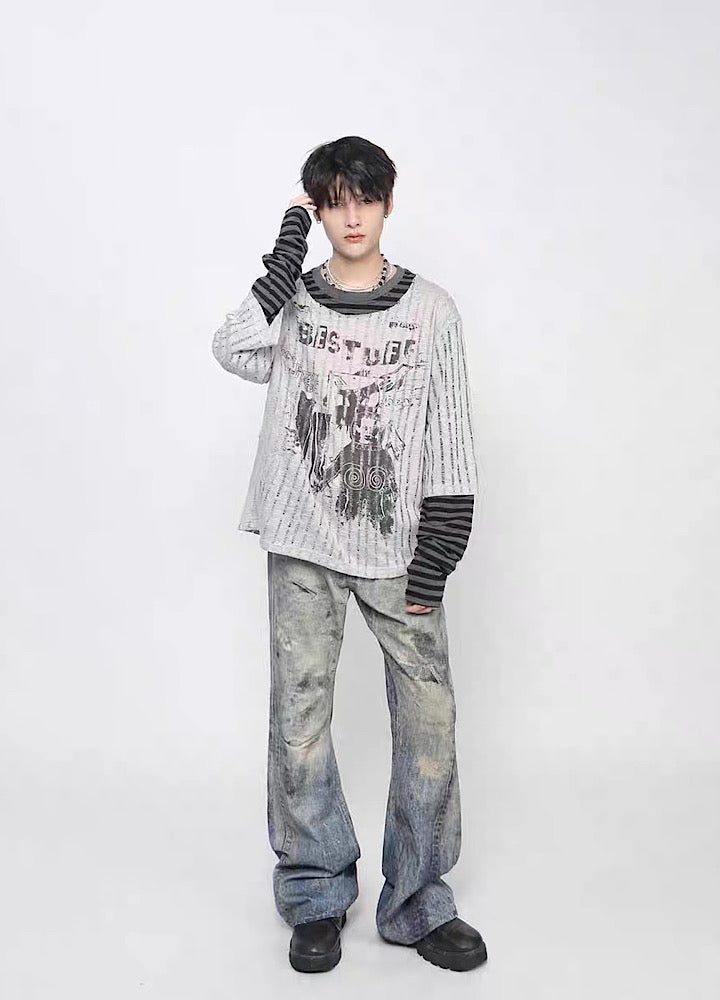 【Mz】Grunge decadent design layered striped long sleeve T-shirt  MZ0075