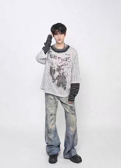 【Mz】Grunge decadent design layered striped long sleeve T-shirt  MZ0075