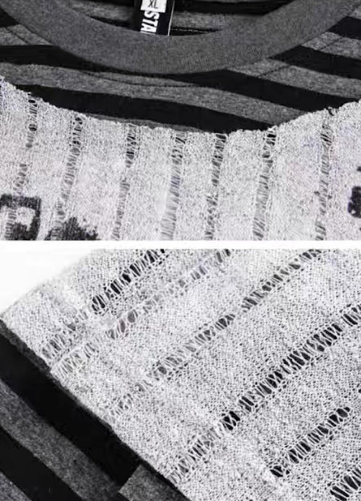 【Mz】Grunge decadent design layered striped long sleeve T-shirt  MZ0075