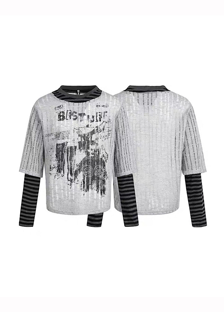 【Mz】Grunge decadent design layered striped long sleeve T-shirt  MZ0075