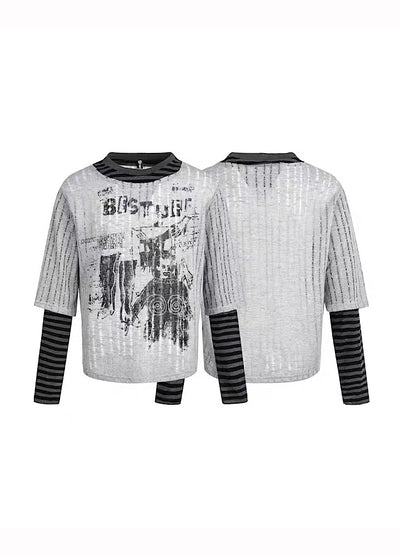 【Mz】Grunge decadent design layered striped long sleeve T-shirt  MZ0075
