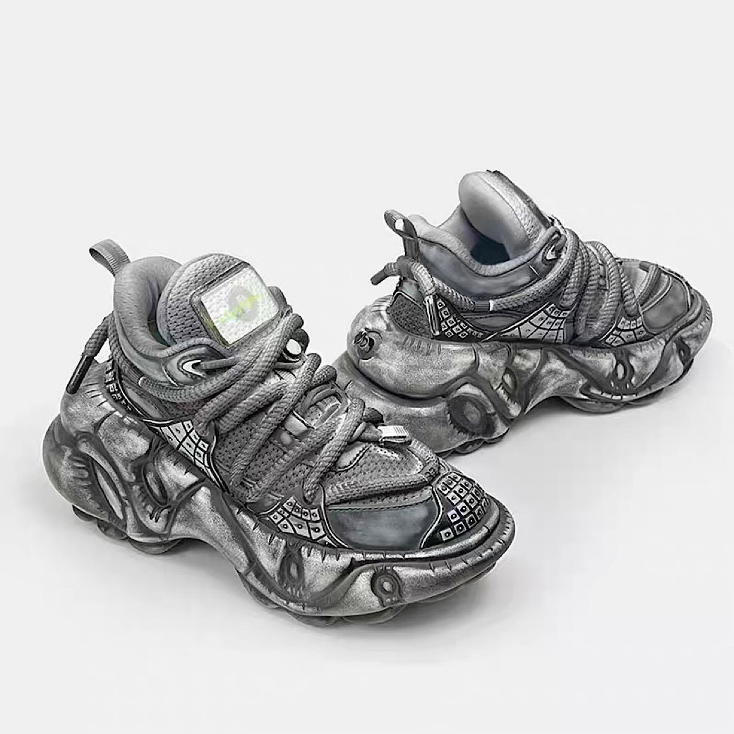 【12/3新作】 Decadent distressed finish grey silver dull color gimmick wide sneakers  HL3215