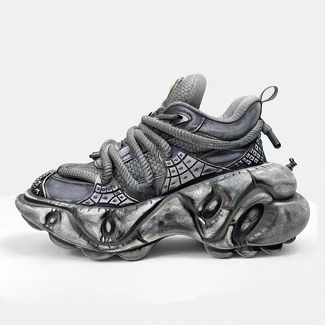 【12/3新作】 Decadent distressed finish grey silver dull color gimmick wide sneakers  HL3215