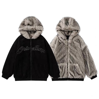 【12/3新作】 Simple design reversible fur style wide hoodie jacket  HL3217