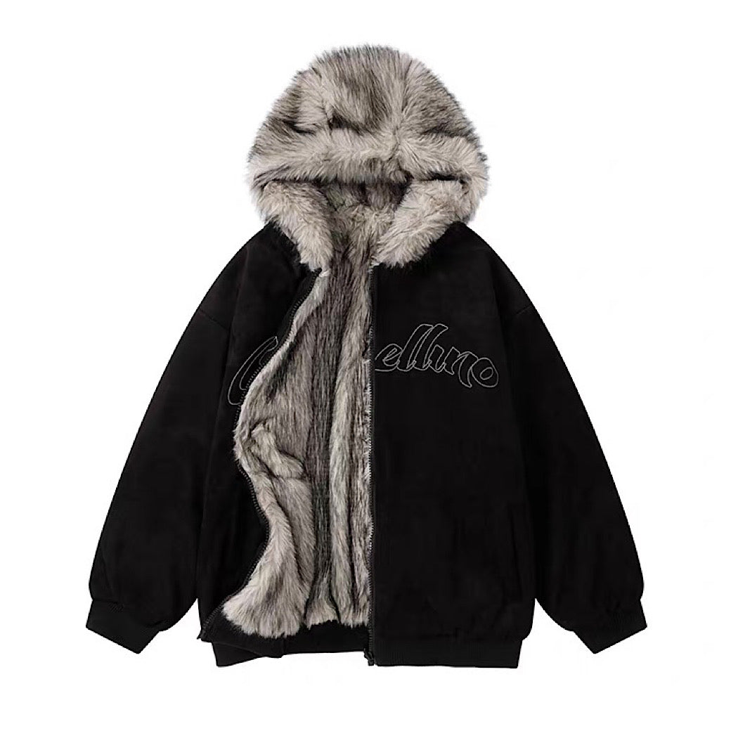 【12/3新作】 Simple design reversible fur style wide hoodie jacket  HL3217