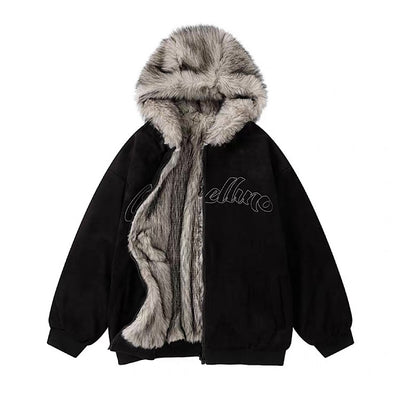 【12/3新作】 Simple design reversible fur style wide hoodie jacket  HL3217
