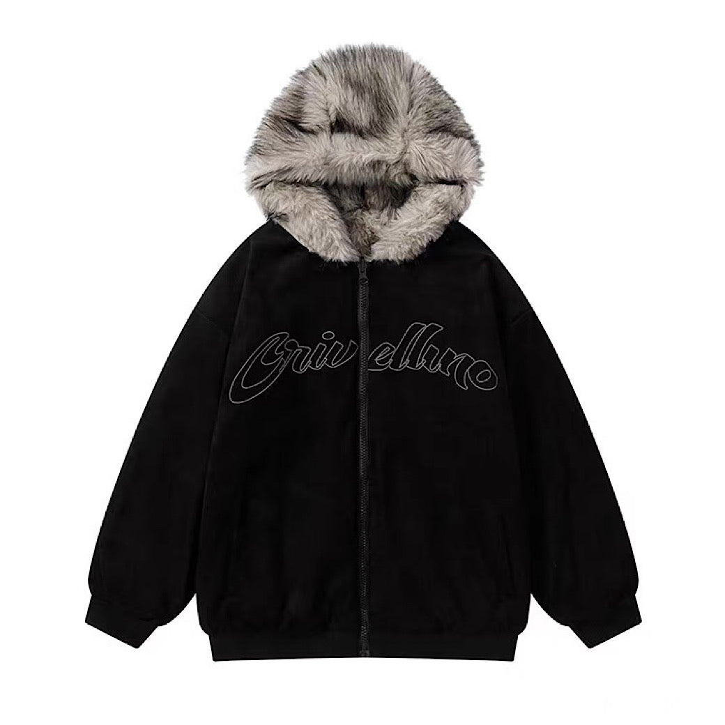 【12/3新作】 Simple design reversible fur style wide hoodie jacket  HL3217