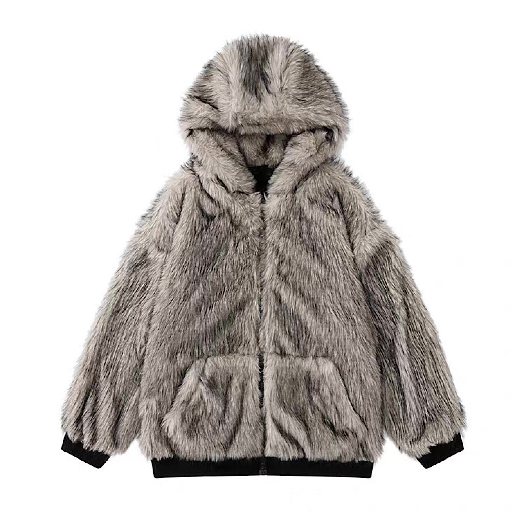 【12/3新作】 Simple design reversible fur style wide hoodie jacket  HL3217