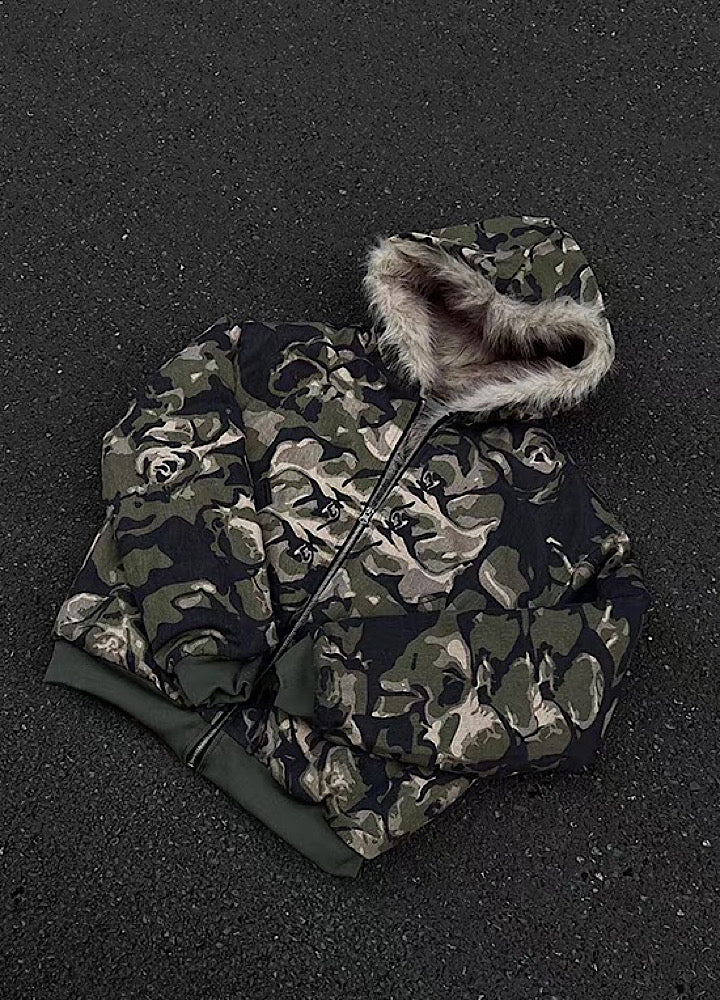 【12/3新作】Fully damaged camouflage fur design oversized hoodie jacket  HL3218