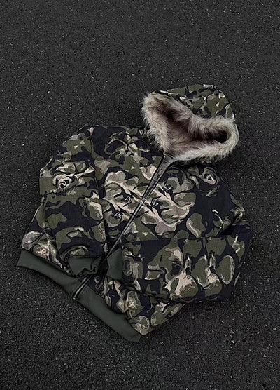 【12/3新作】Fully damaged camouflage fur design oversized hoodie jacket  HL3218