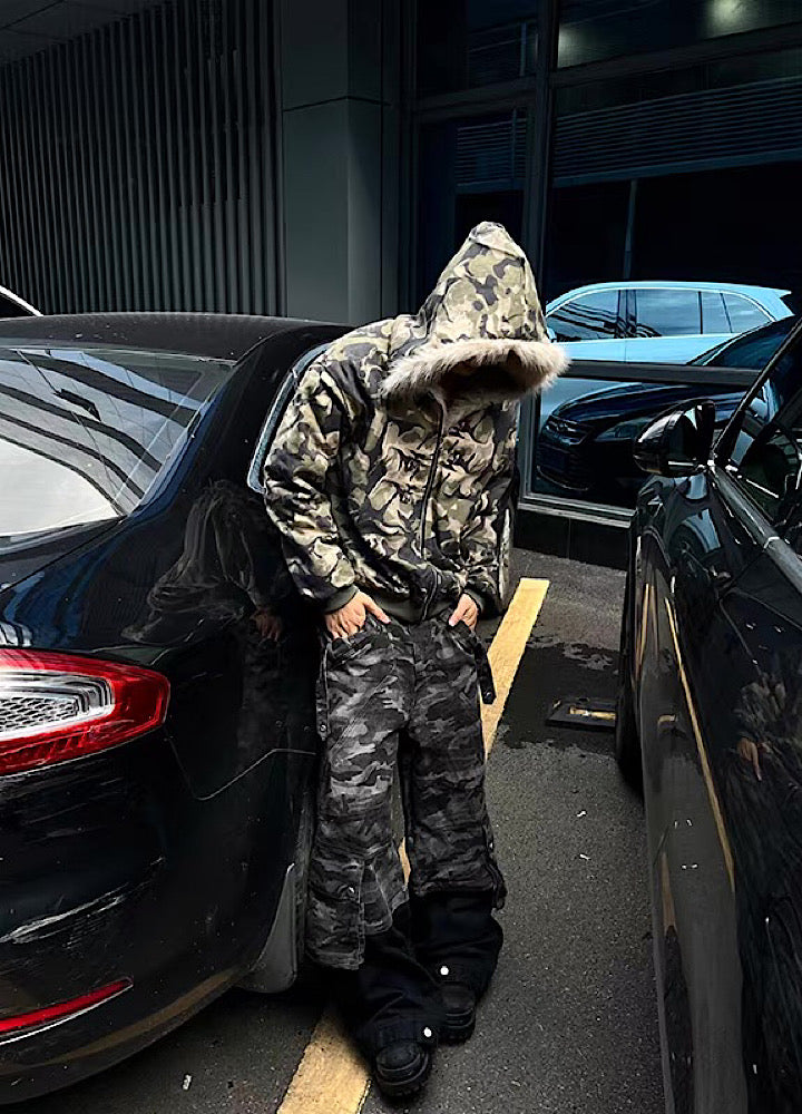 【12/3新作】Fully damaged camouflage fur design oversized hoodie jacket  HL3218