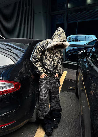 【12/3新作】Fully damaged camouflage fur design oversized hoodie jacket  HL3218