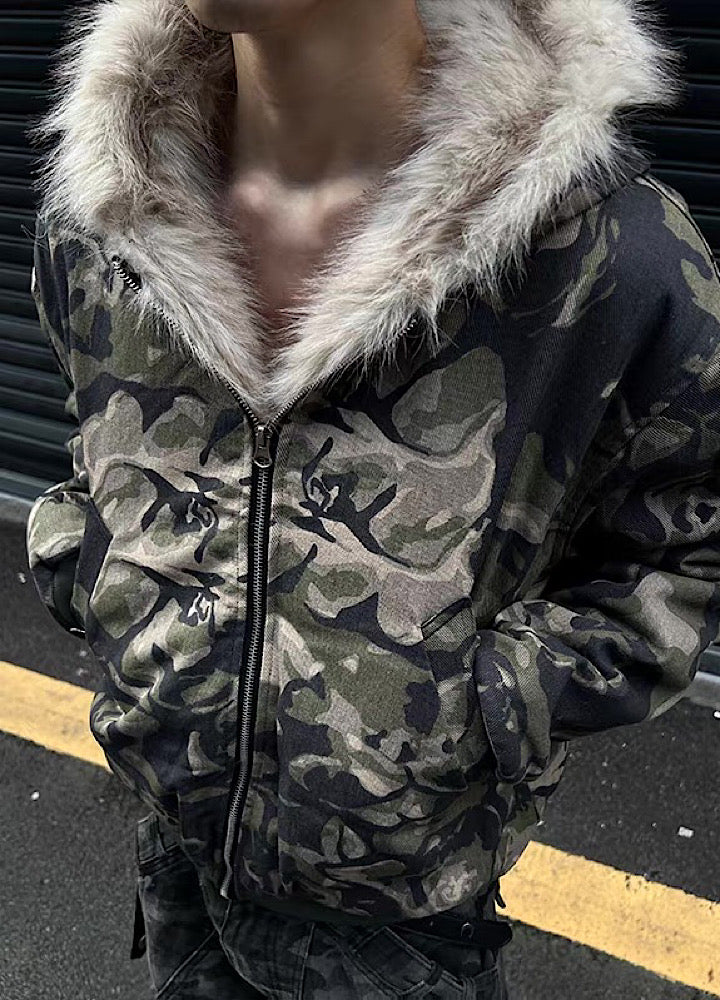 【12/3新作】Fully damaged camouflage fur design oversized hoodie jacket  HL3218