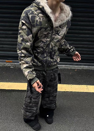 【12/3新作】Fully damaged camouflage fur design oversized hoodie jacket  HL3218