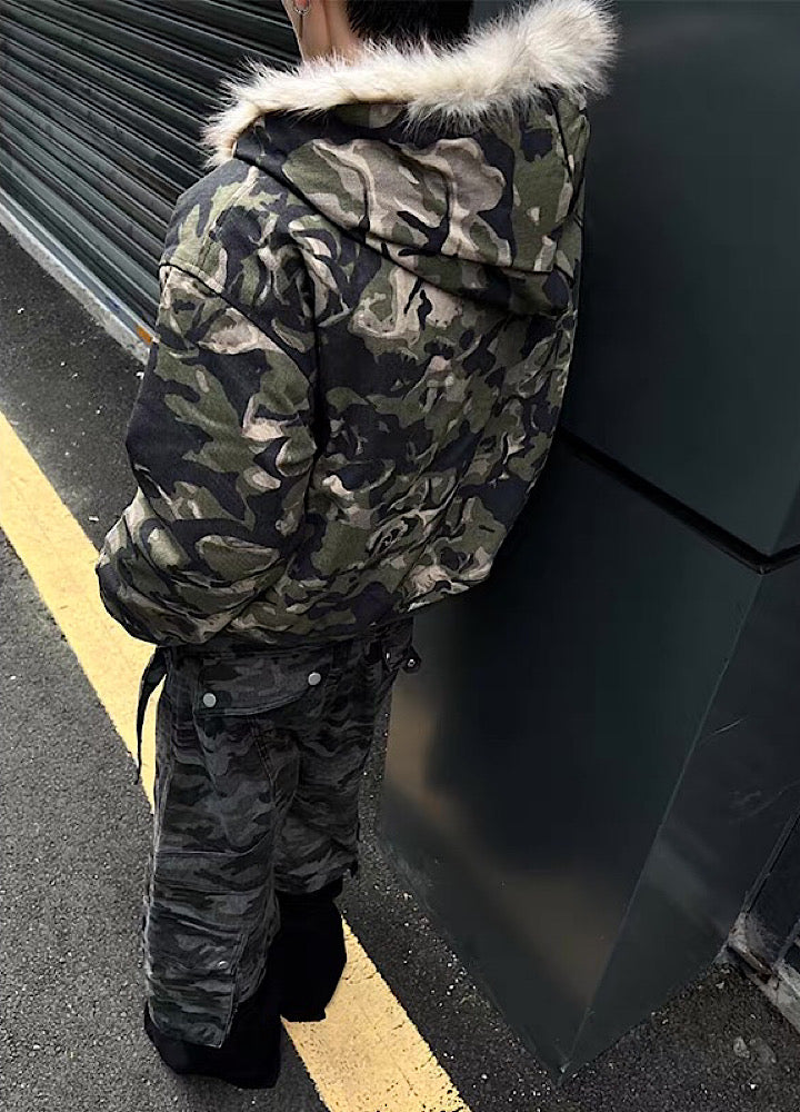 【12/3新作】Fully damaged camouflage fur design oversized hoodie jacket  HL3218