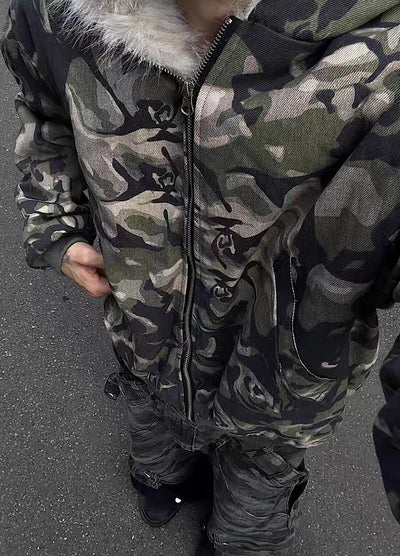 【12/3新作】Fully damaged camouflage fur design oversized hoodie jacket  HL3218