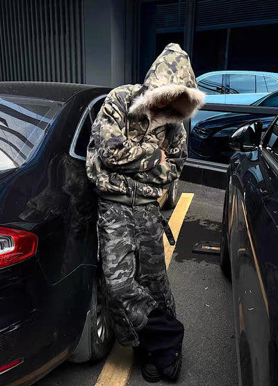 【12/3新作】Fully damaged camouflage fur design oversized hoodie jacket  HL3218