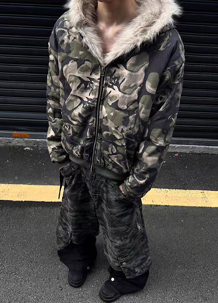 【12/3新作】Fully damaged camouflage fur design oversized hoodie jacket  HL3218