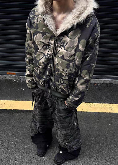 【12/3新作】Fully damaged camouflage fur design oversized hoodie jacket  HL3218