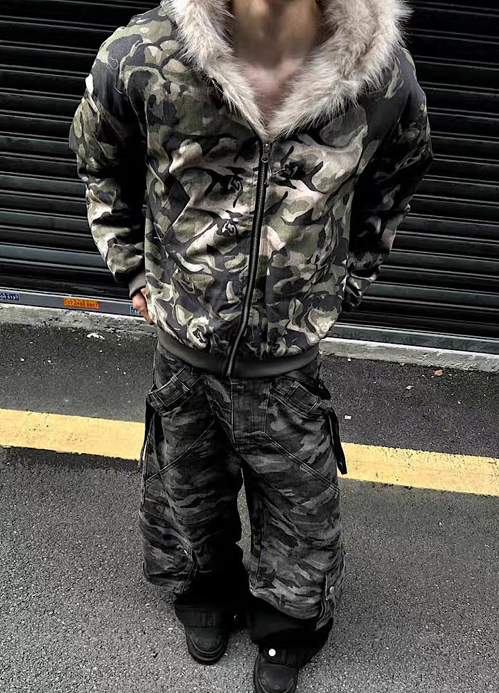 【12/3新作】Fully damaged camouflage fur design oversized hoodie jacket  HL3218