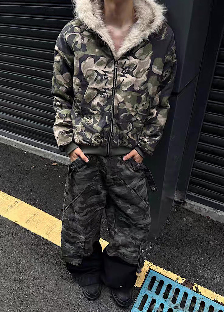 【12/3新作】Fully damaged camouflage fur design oversized hoodie jacket  HL3218