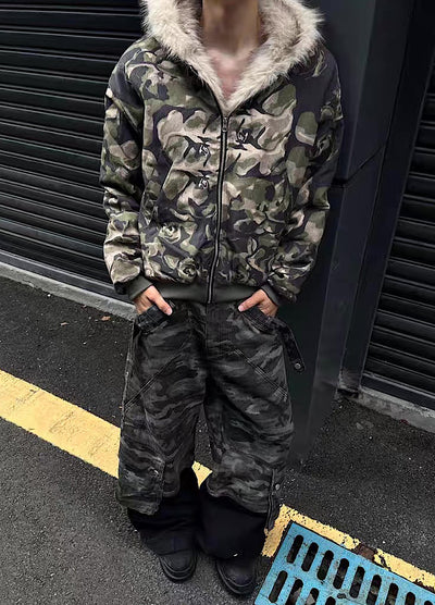 【12/3新作】Fully damaged camouflage fur design oversized hoodie jacket  HL3218