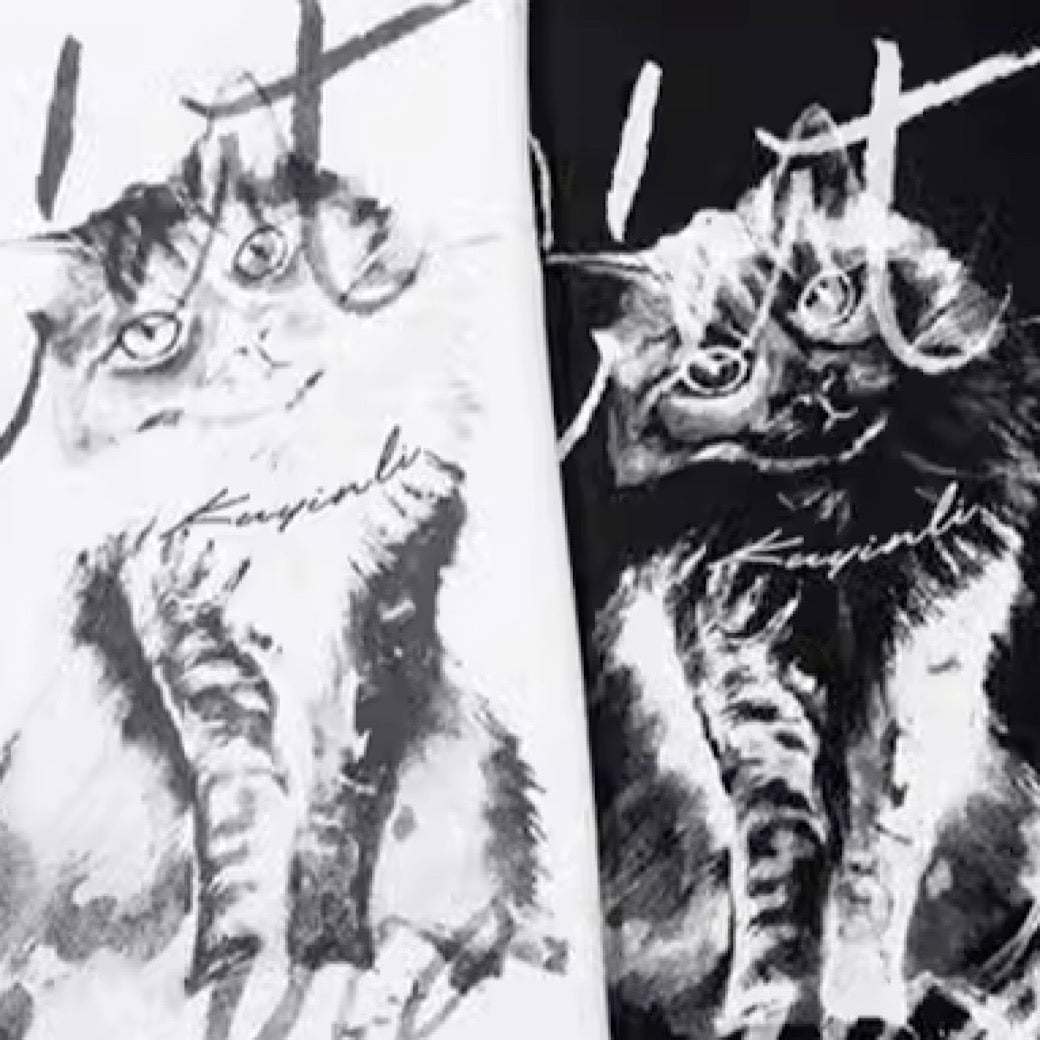 【VEG Dream】Monotone cat illustration art chic T-shirt  VD0217