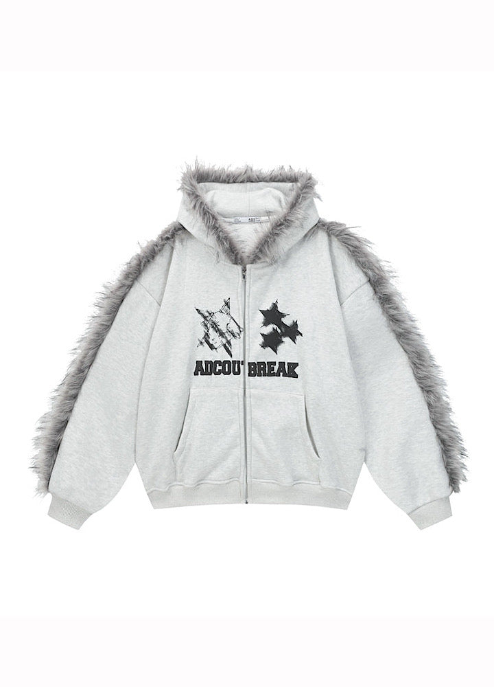 【TR BRUSHSHIFT】Line style design over fur hoodie jacket  TB0073