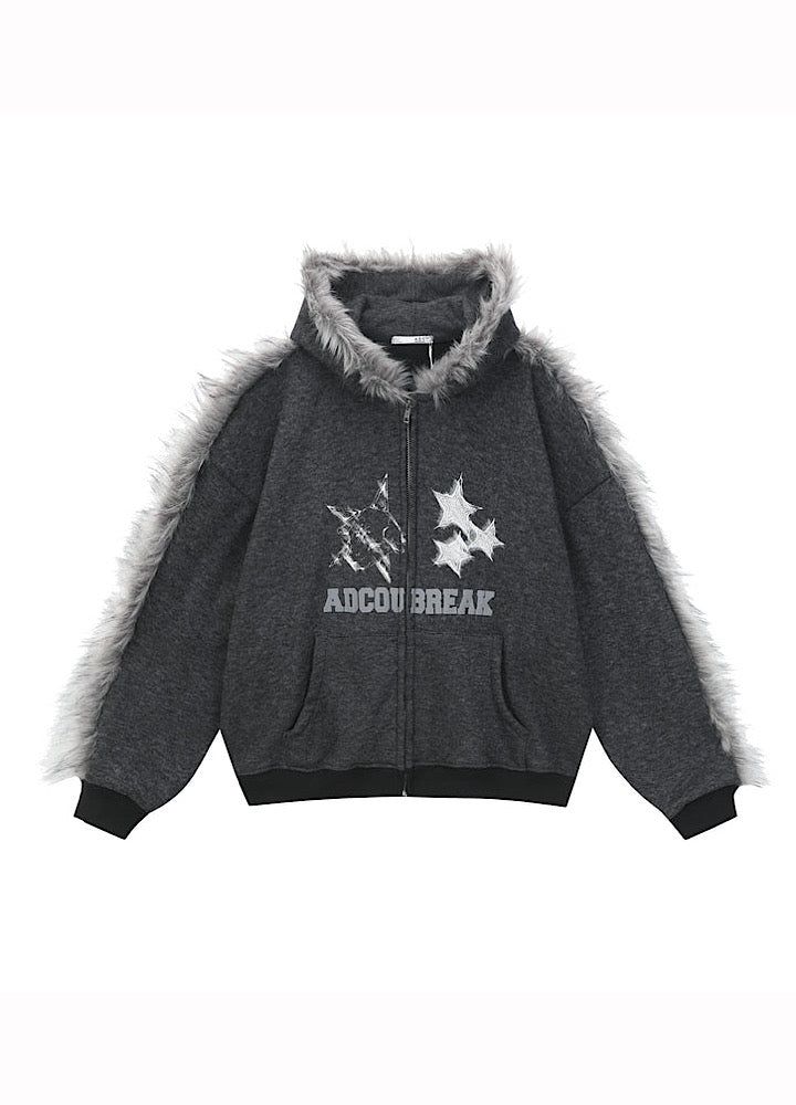 【TR BRUSHSHIFT】Line style design over fur hoodie jacket  TB0073