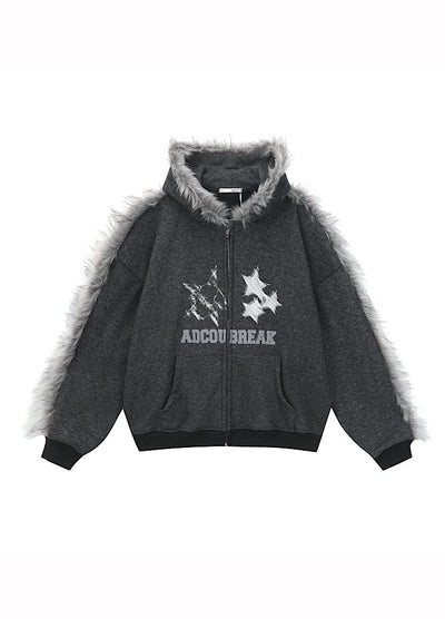 【TR BRUSHSHIFT】Line style design over fur hoodie jacket  TB0073