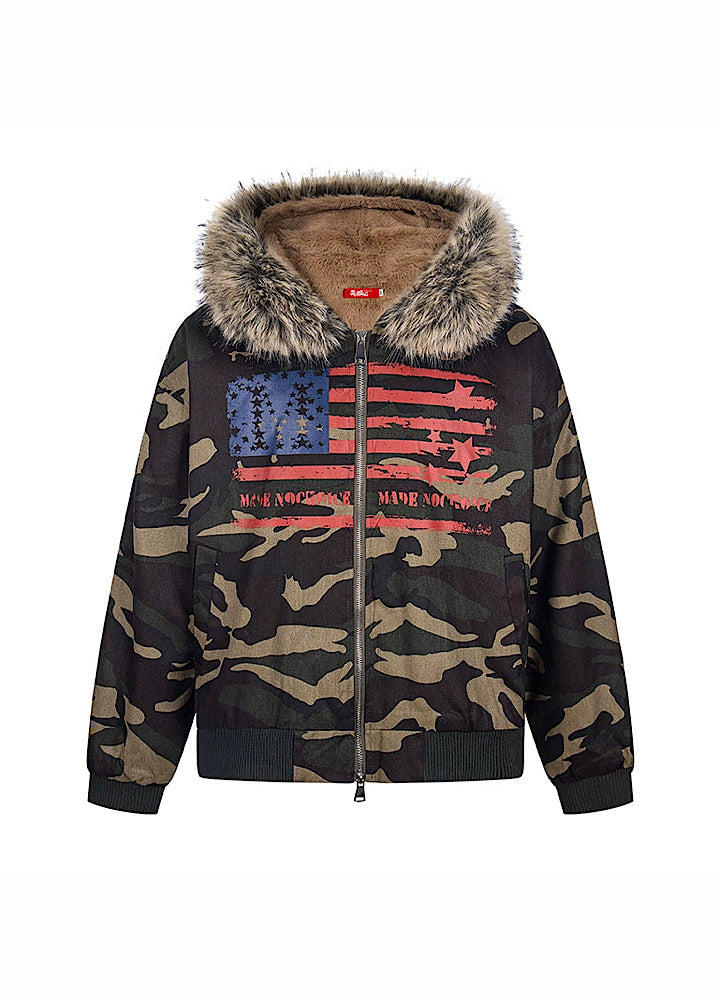 【TR BRUSHSHIFT】Front national flag vintage design over fur hoodie jacket  TB0071