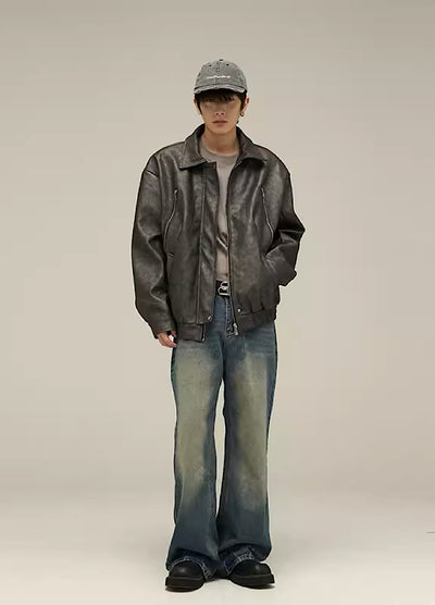 【10/30新作】Glittering material design graphic leather jacket  HL2985