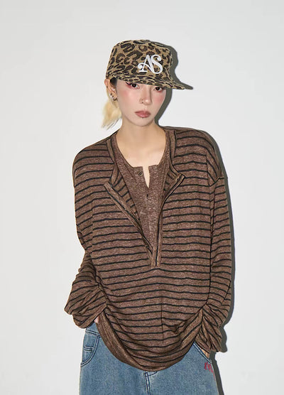 【MICHINNYON】Striped Henley Layered Oversized Long Sleeve T-shirt  MY0085