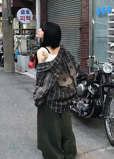 【9/5新作】Grunge wash back initial design long sleeve shirt  HL3186