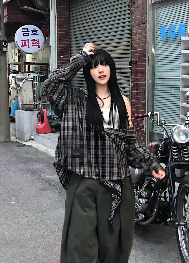 【9/5新作】Grunge wash back initial design long sleeve shirt  HL3186