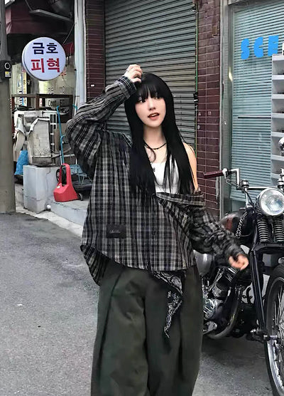 【9/5新作】Grunge wash back initial design long sleeve shirt  HL3186