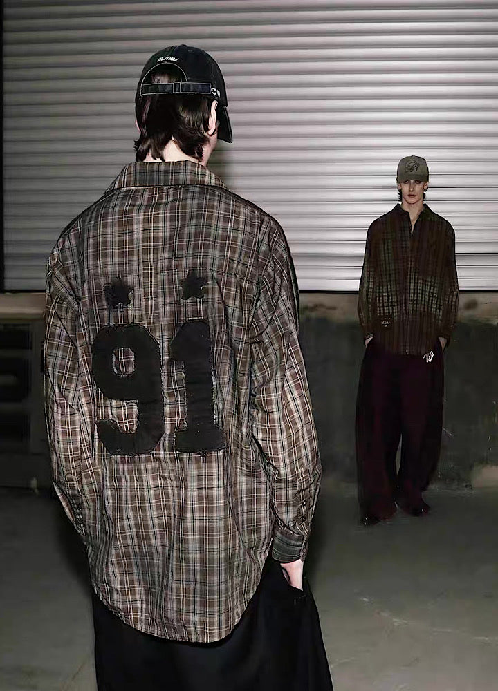 【9/5新作】Grunge wash back initial design long sleeve shirt  HL3186