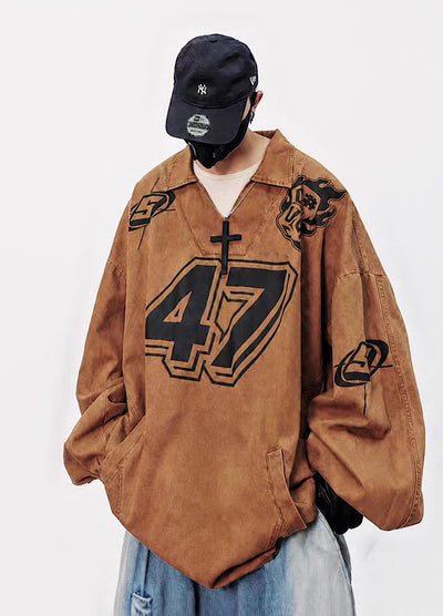 【UUCSCC】Number Graphic Distressed Oversized Pullover Long Sleeve T-shirt  US0115