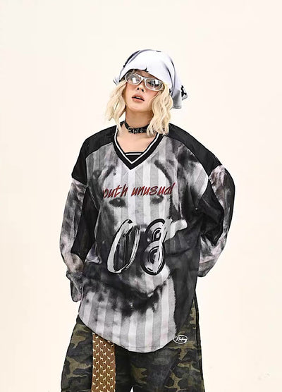 【9/5新作】Sporty Blood Wash V-Neckline Casual Long Sleeve Shirt  HL3190