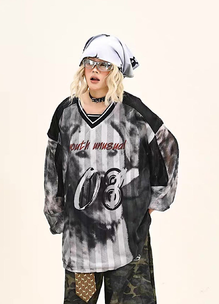 【9/5新作】Sporty Blood Wash V-Neckline Casual Long Sleeve Shirt  HL3190