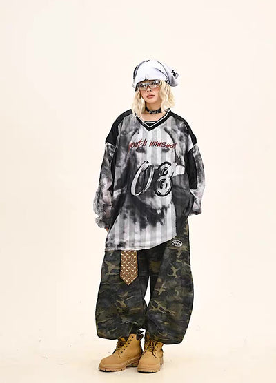【9/5新作】Sporty Blood Wash V-Neckline Casual Long Sleeve Shirt  HL3190
