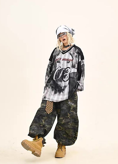 【9/5新作】Sporty Blood Wash V-Neckline Casual Long Sleeve Shirt  HL3190