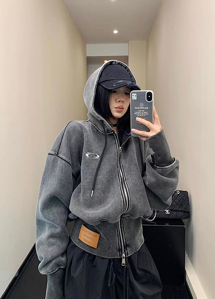 【9/5新作】Short silhouette design muted base color double zip hoodie  HL3193
