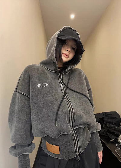 【9/5新作】Short silhouette design muted base color double zip hoodie  HL3193