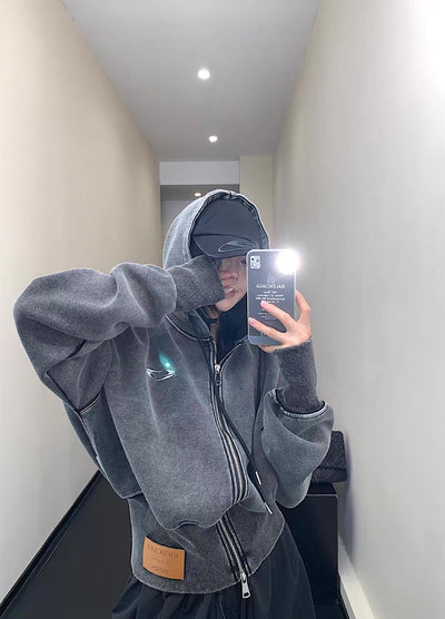 【9/5新作】Short silhouette design muted base color double zip hoodie  HL3193
